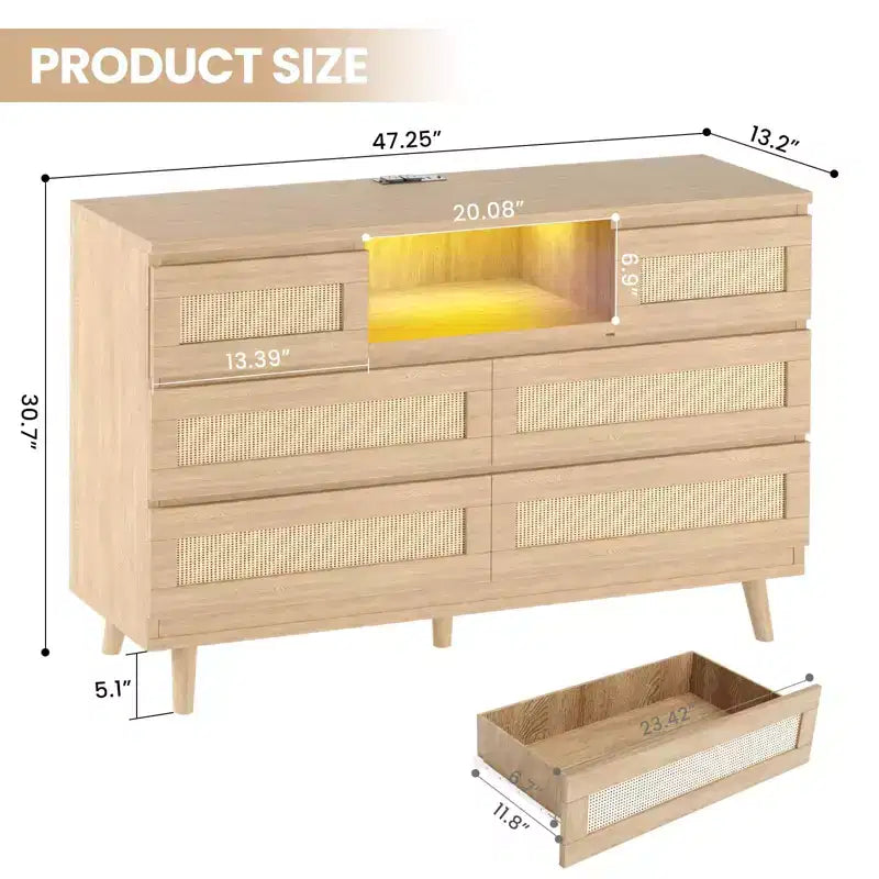 GARVEE 6 Drawer Rattan Dressers,Wooden Durable Dressers & Chests of Drawers with LED Light and Charging Station, TV Stand for Bedroom