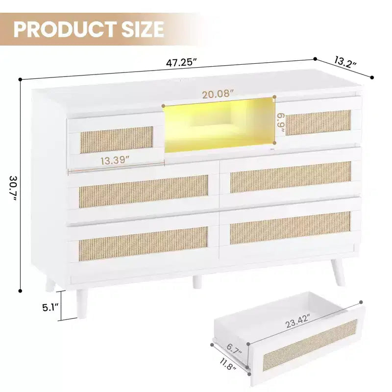 GARVEE 6 Drawer Rattan Dressers,Wooden Durable Dressers & Chests of Drawers with LED Light and Charging Station, TV Stand for Bedroom