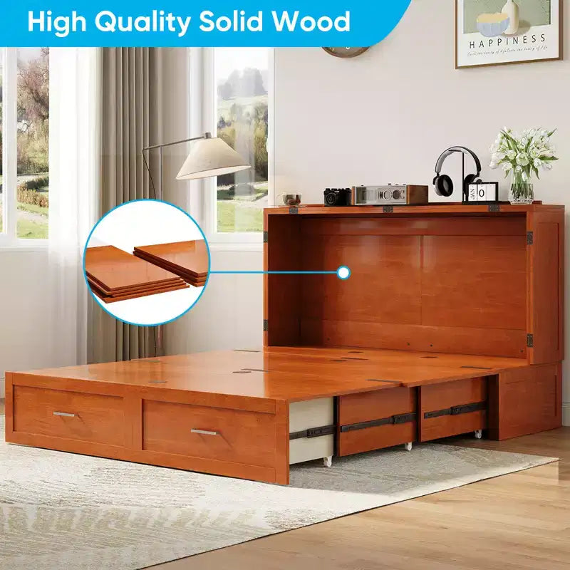 Murphy Bed Cabinet with Foldable Mattress, Queen Murphy Bed with Charging Station, Drawers