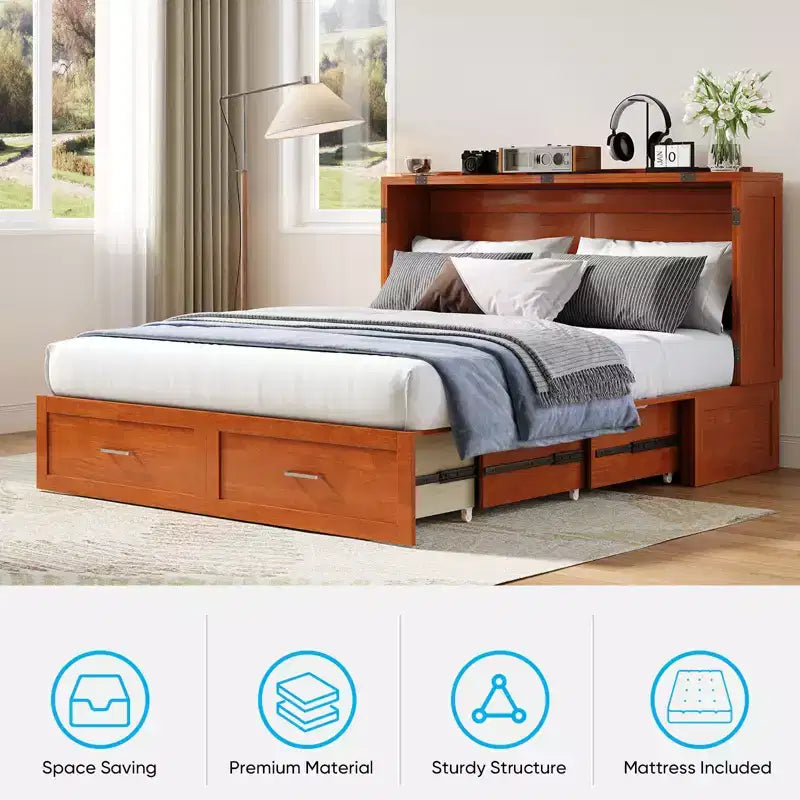 Murphy Bed Cabinet with Foldable Mattress, Queen Murphy Bed with Charging Station, Drawers