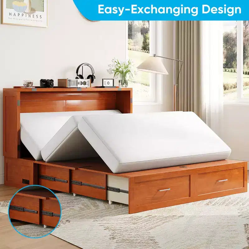 Murphy Bed Cabinet with Foldable Mattress, Queen Murphy Bed with Charging Station, Drawers