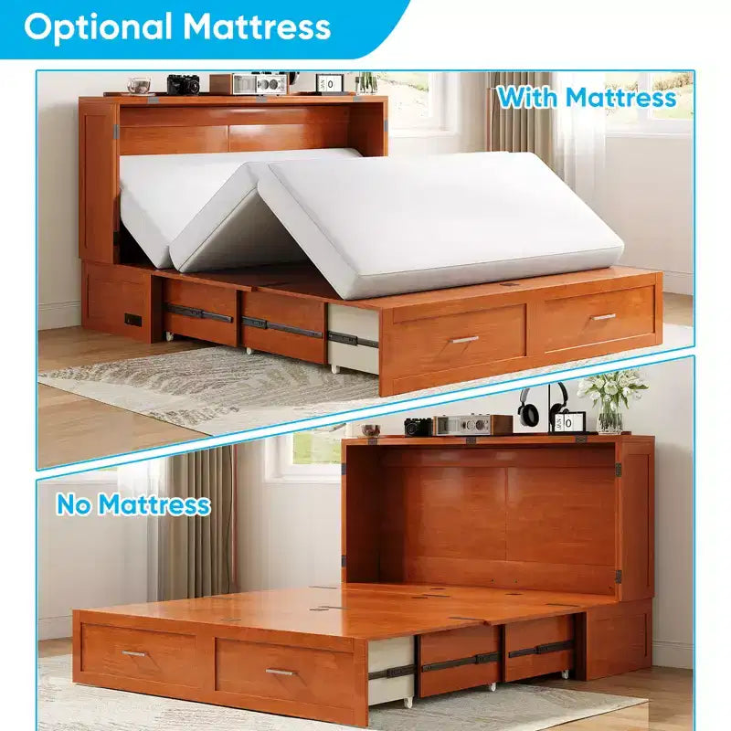 Murphy Bed Cabinet with Foldable Mattress, Queen Murphy Bed with Charging Station, Drawers