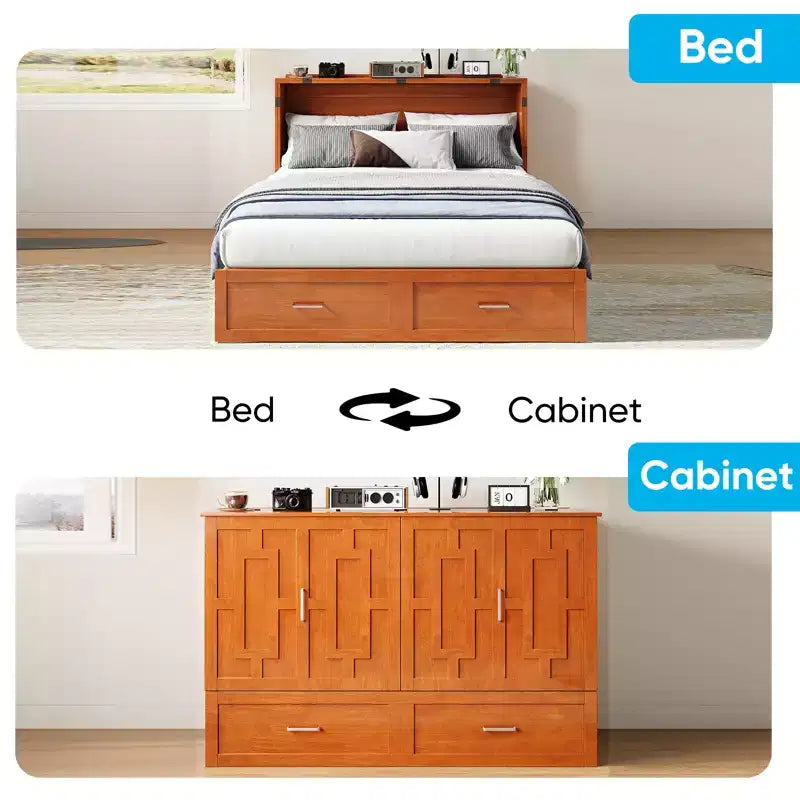 Murphy Bed Cabinet with Foldable Mattress, Queen Murphy Bed with Charging Station, Drawers