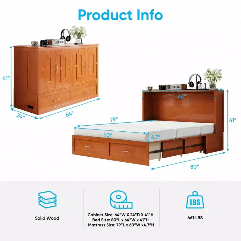 Murphy Bed Cabinet with Foldable Mattress, Queen Murphy Bed with Charging Station, Drawers
