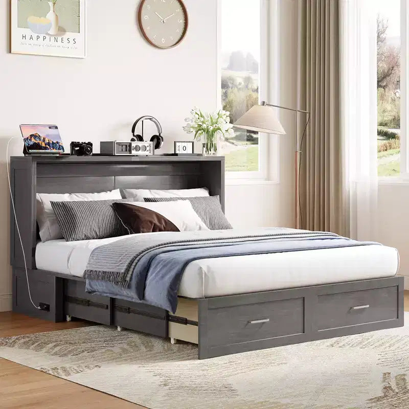 Murphy Bed Cabinet with Foldable Mattress, Queen Murphy Bed with Charging Station, Drawers