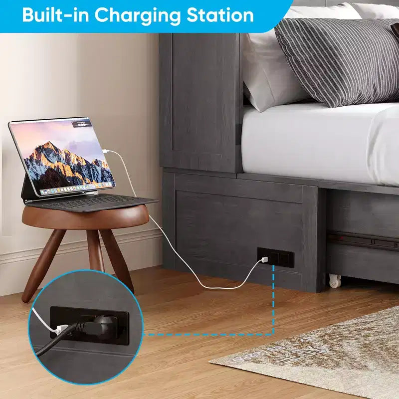 Murphy Bed Cabinet with Foldable Mattress, Queen Murphy Bed with Charging Station, Drawers