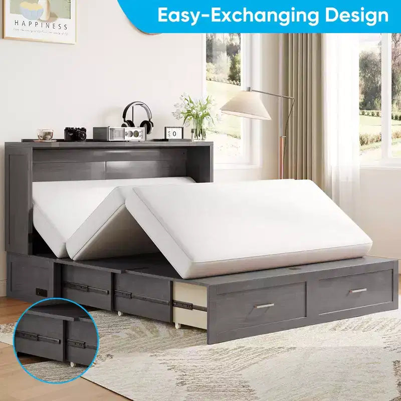 Murphy Bed Cabinet with Foldable Mattress, Queen Murphy Bed with Charging Station, Drawers