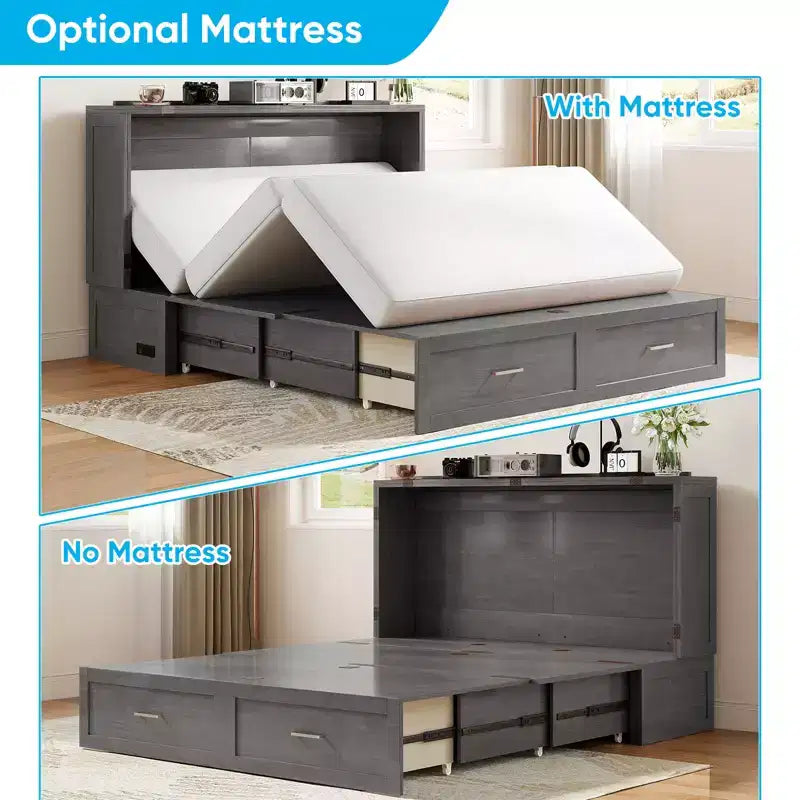 Murphy Bed Cabinet with Foldable Mattress, Queen Murphy Bed with Charging Station, Drawers