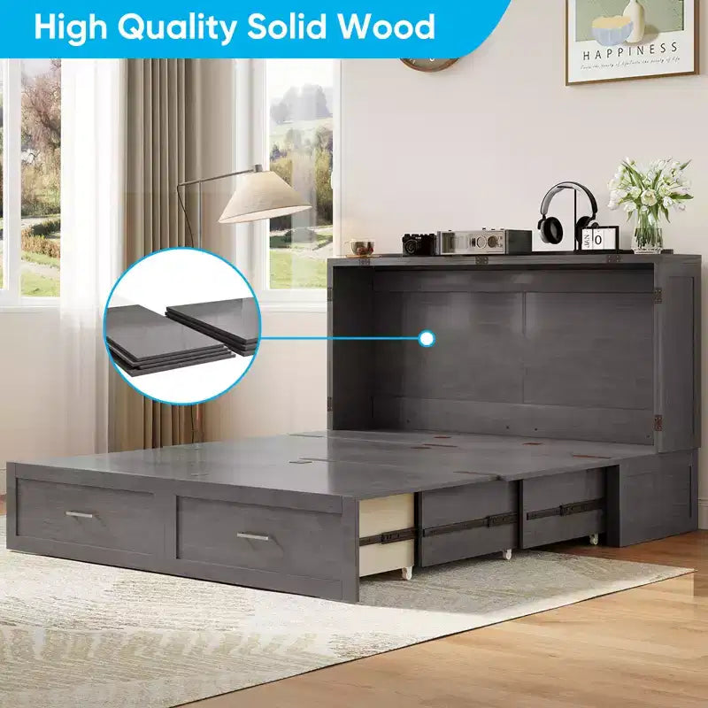Murphy Bed Cabinet with Foldable Mattress, Queen Murphy Bed with Charging Station, Drawers
