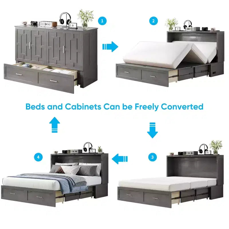 Murphy Bed Cabinet with Foldable Mattress, Queen Murphy Bed with Charging Station, Drawers