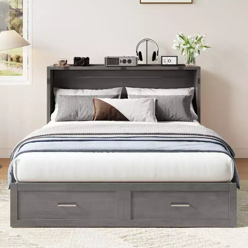Murphy Bed Cabinet with Foldable Mattress, Queen Murphy Bed with Charging Station, Drawers