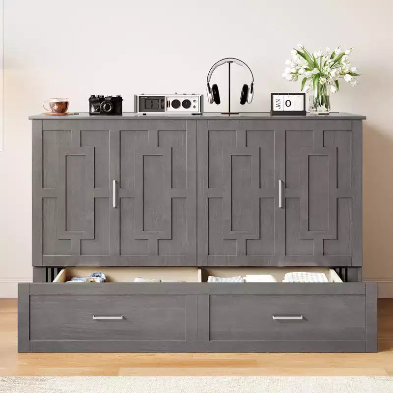 Murphy Bed Cabinet with Foldable Mattress, Queen Murphy Bed with Charging Station, Drawers
