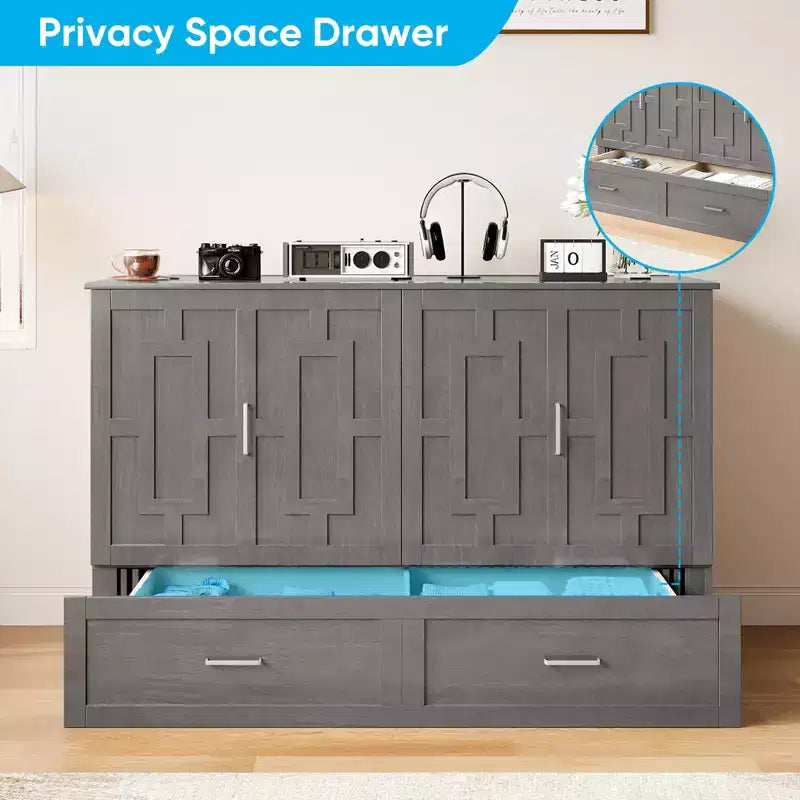 Murphy Bed Cabinet with Foldable Mattress, Queen Murphy Bed with Charging Station, Drawers