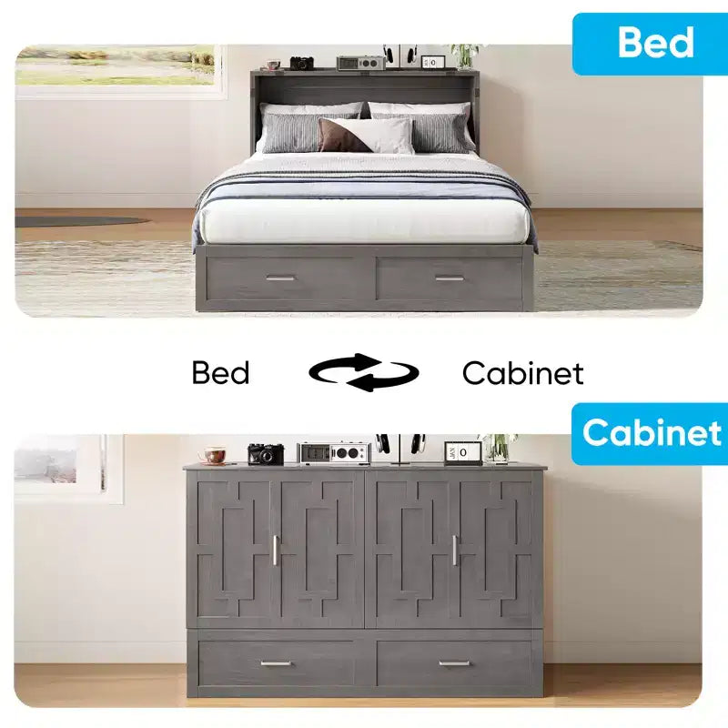 Murphy Bed Cabinet with Foldable Mattress, Queen Murphy Bed with Charging Station, Drawers