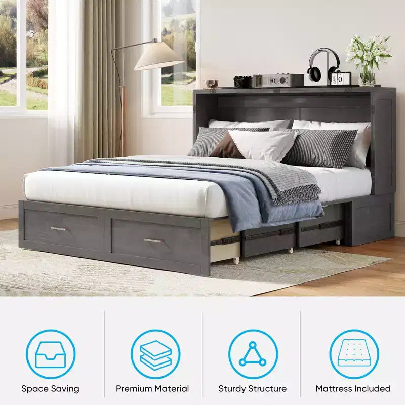 Murphy Bed Cabinet with Foldable Mattress, Queen Murphy Bed with Charging Station, Drawers