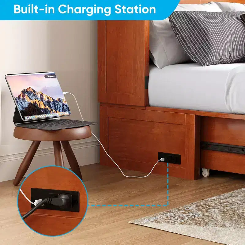 Murphy Bed Cabinet with Foldable Mattress, Queen Murphy Bed with Charging Station, Drawers