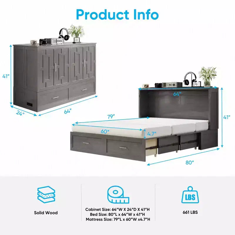 Murphy Bed Cabinet with Foldable Mattress, Queen Murphy Bed with Charging Station, Drawers