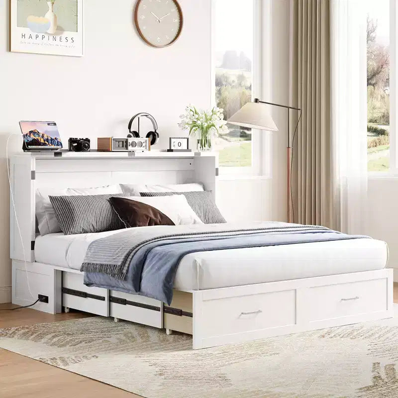 Murphy Bed Cabinet with Foldable Mattress, Queen Murphy Bed with Charging Station, Drawers