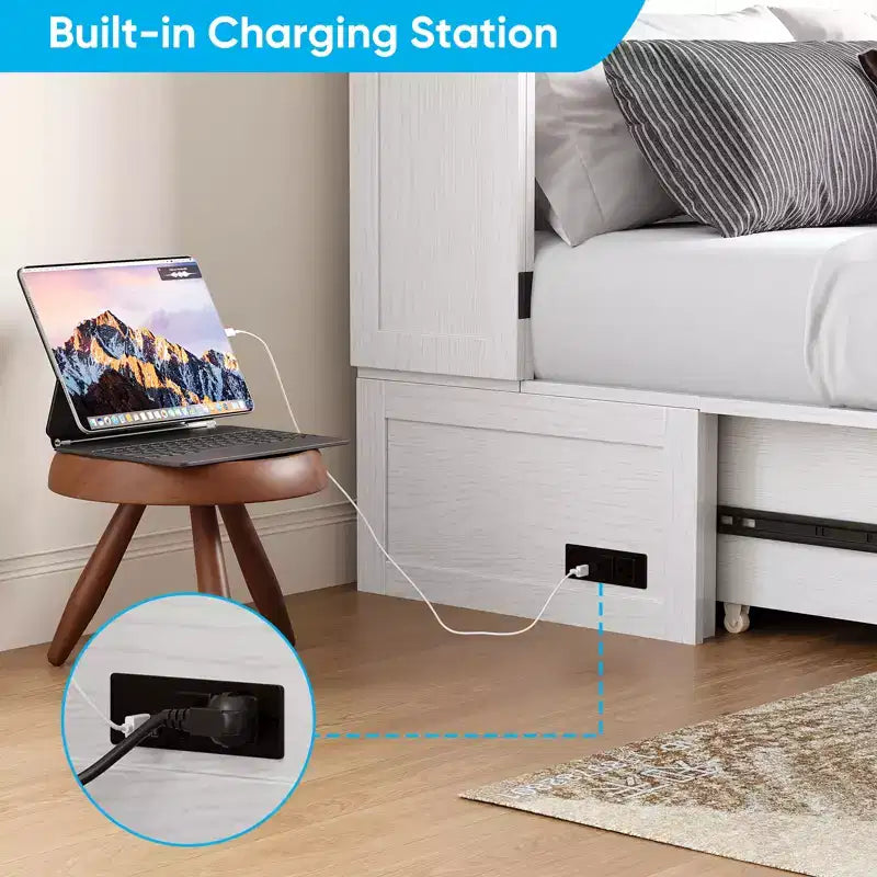 Murphy Bed Cabinet with Foldable Mattress, Queen Murphy Bed with Charging Station, Drawers