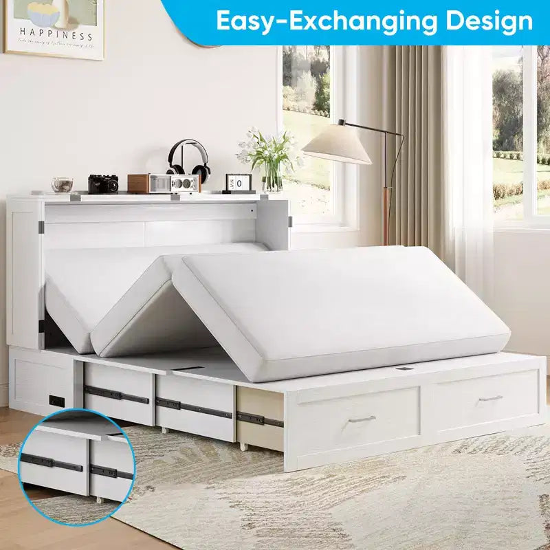 Murphy Bed Cabinet with Foldable Mattress, Queen Murphy Bed with Charging Station, Drawers