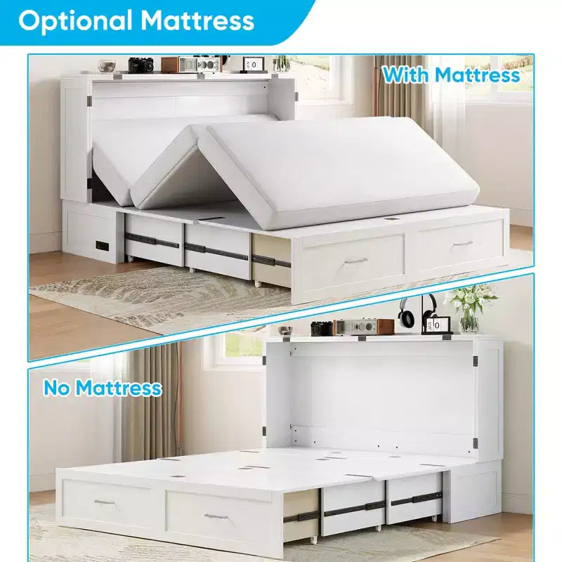 Murphy Bed Cabinet with Foldable Mattress, Queen Murphy Bed with Charging Station, Drawers