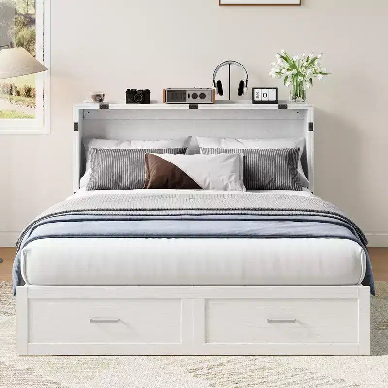 Murphy Bed Cabinet with Foldable Mattress, Queen Murphy Bed with Charging Station, Drawers