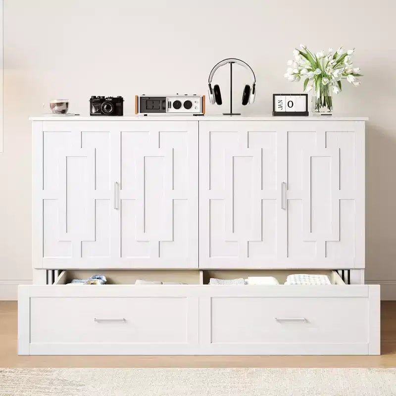 Murphy Bed Cabinet with Foldable Mattress, Queen Murphy Bed with Charging Station, Drawers
