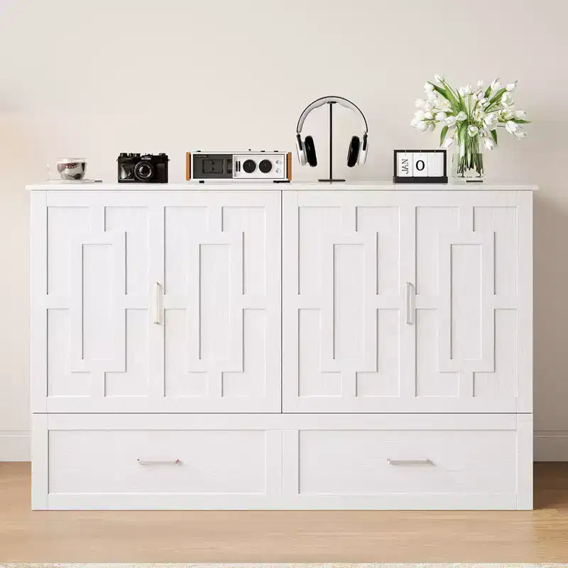 Murphy Bed Cabinet with Foldable Mattress, Queen Murphy Bed with Charging Station, Drawers