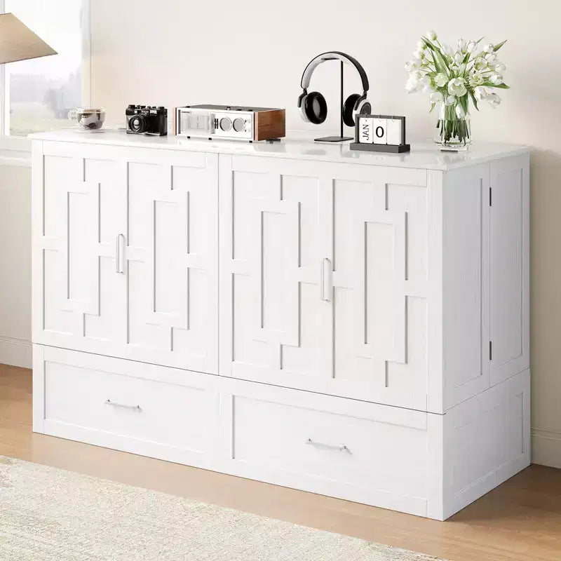 Murphy Bed Cabinet with Foldable Mattress, Queen Murphy Bed with Charging Station, Drawers