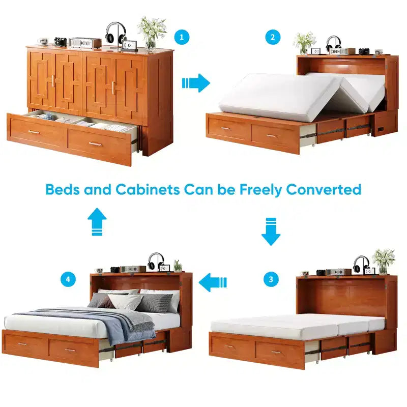 Murphy Bed Cabinet with Foldable Mattress, Queen Murphy Bed with Charging Station, Drawers