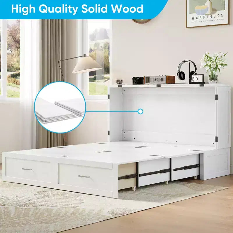 Murphy Bed Cabinet with Foldable Mattress, Queen Murphy Bed with Charging Station, Drawers