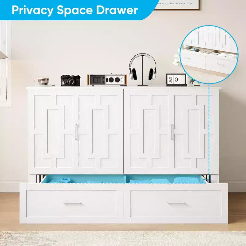 Murphy Bed Cabinet with Foldable Mattress, Queen Murphy Bed with Charging Station, Drawers