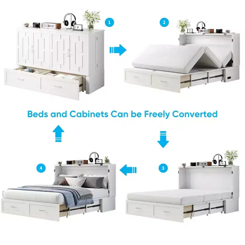 Murphy Bed Cabinet with Foldable Mattress, Queen Murphy Bed with Charging Station, Drawers