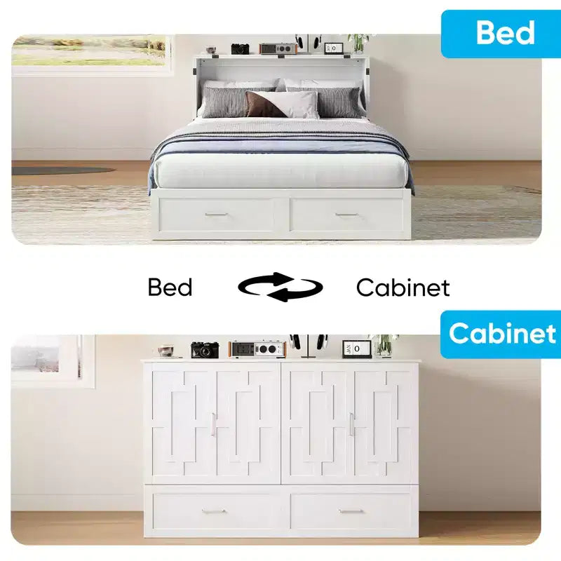 Murphy Bed Cabinet with Foldable Mattress, Queen Murphy Bed with Charging Station, Drawers