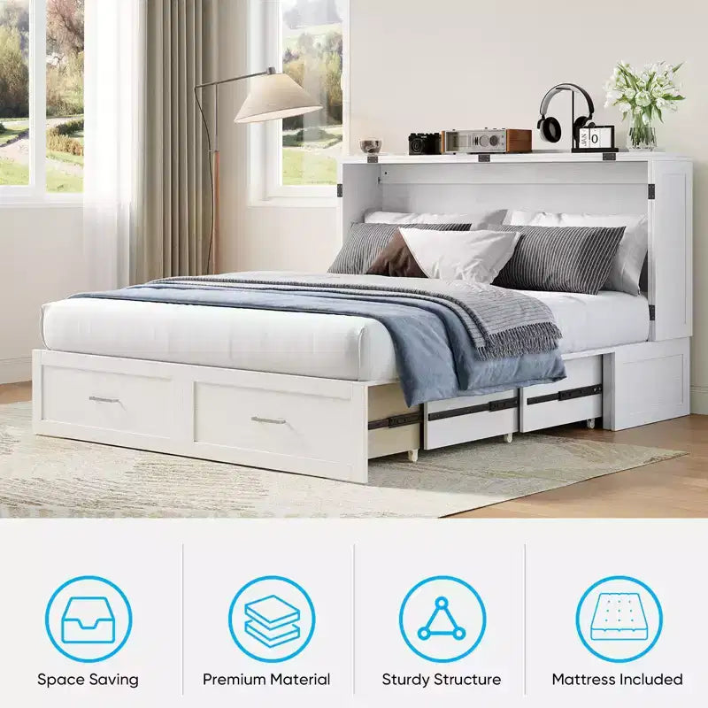 Murphy Bed Cabinet with Foldable Mattress, Queen Murphy Bed with Charging Station, Drawers
