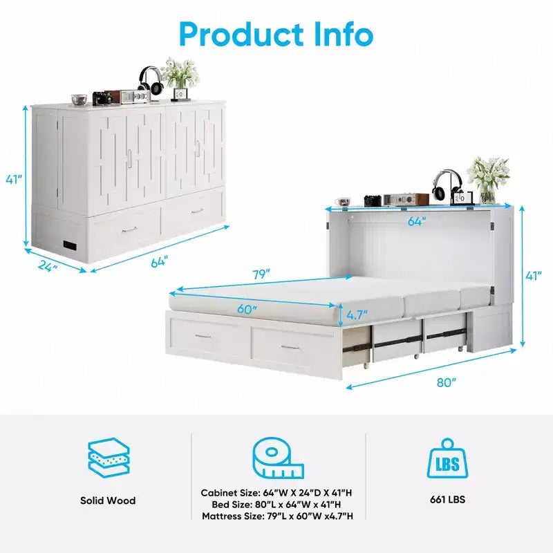 Murphy Bed Cabinet with Foldable Mattress, Queen Murphy Bed with Charging Station, Drawers