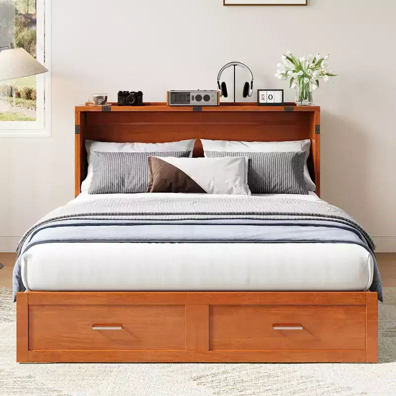 Murphy Bed Cabinet with Foldable Mattress, Queen Murphy Bed with Charging Station, Drawers