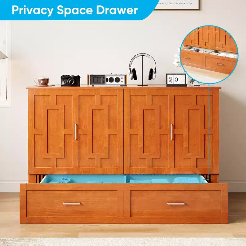 Murphy Bed Cabinet with Foldable Mattress, Queen Murphy Bed with Charging Station, Drawers