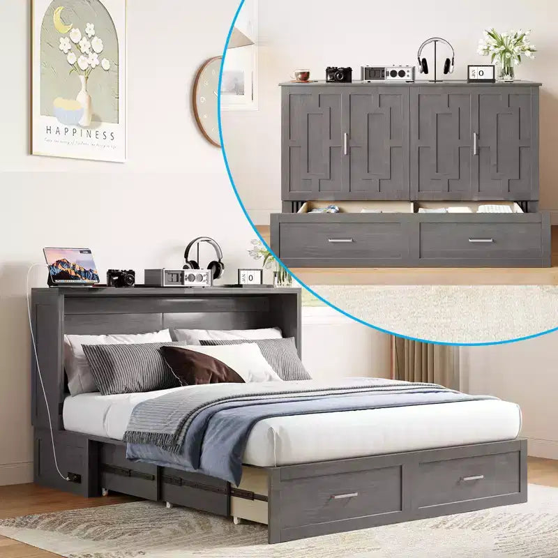 Murphy Bed Cabinet with Foldable Mattress, Queen Murphy Bed with Charging Station, Drawers