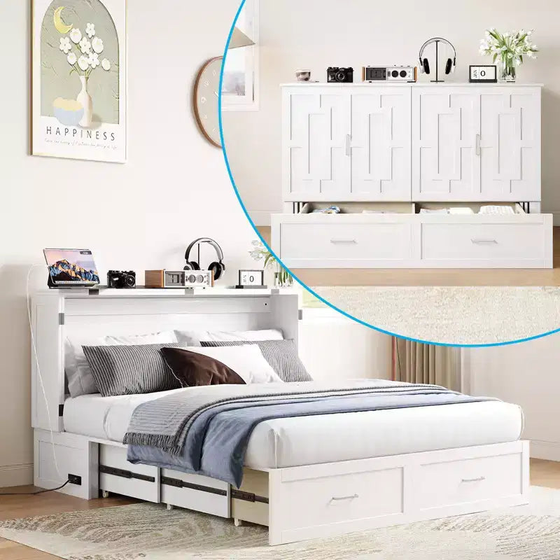 Murphy Bed Cabinet with Foldable Mattress, Queen Murphy Bed with Charging Station, Drawers