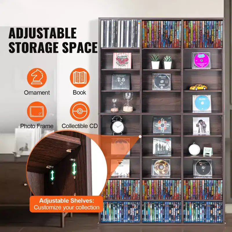 VEVOR Media Storage Cabinet, 9-layer DVD Shelf Holds up to 756 CDs, Adjustable CD Shelves 27 Compartments, Protects & Organizes Music, Movie