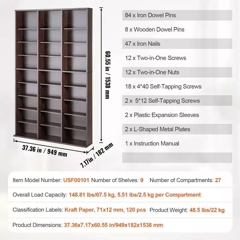 VEVOR Media Storage Cabinet, 9-layer DVD Shelf Holds up to 756 CDs, Adjustable CD Shelves 27 Compartments, Protects & Organizes Music, Movie