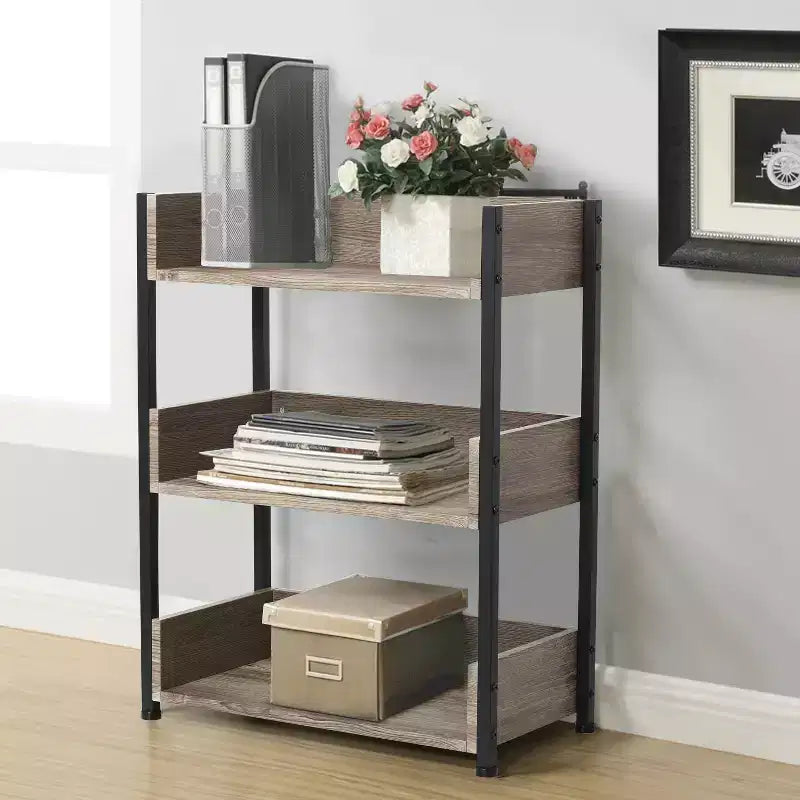 VECELO 3-Tier Small Bookshelf, Storage Organizer, Industrial Shelving Unit for Office or Living Room, Brown