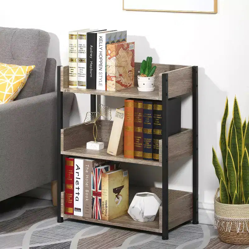 VECELO 3-Tier Small Bookshelf, Storage Organizer, Industrial Shelving Unit for Office or Living Room, Brown