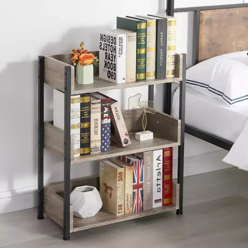 VECELO 3-Tier Small Bookshelf, Storage Organizer, Industrial Shelving Unit for Office or Living Room, Brown