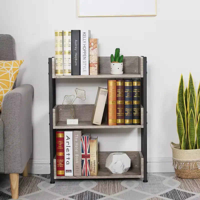 VECELO 3-Tier Small Bookshelf, Storage Organizer, Industrial Shelving Unit for Office or Living Room, Brown