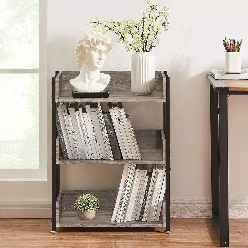 VECELO 3-Tier Small Bookshelf, Storage Organizer, Industrial Shelving Unit for Office or Living Room, Brown