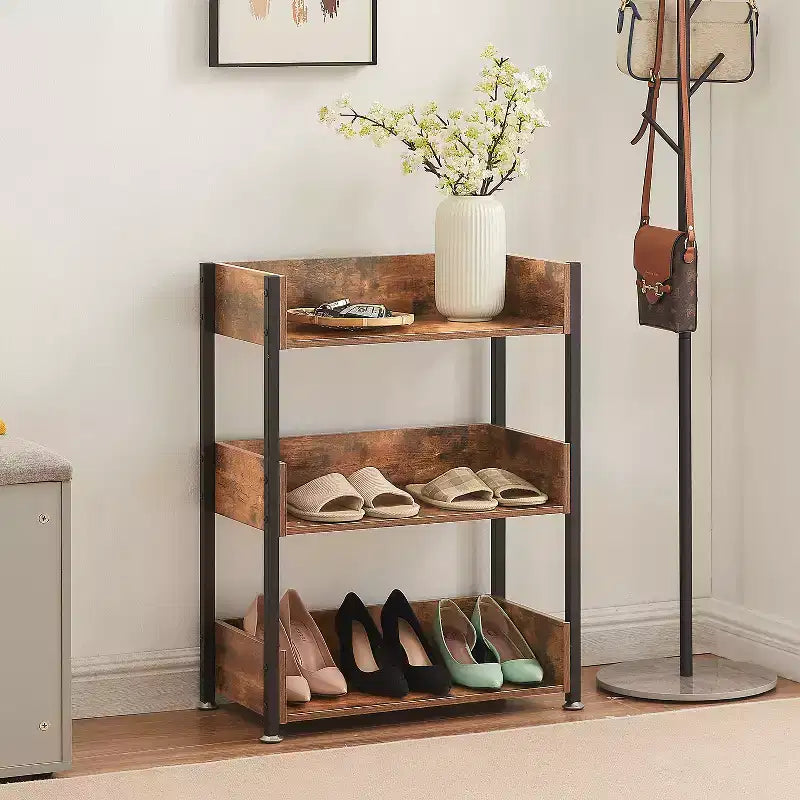 VECELO 3-Tier Small Bookshelf, Storage Organizer, Industrial Shelving Unit for Office or Living Room, Brown
