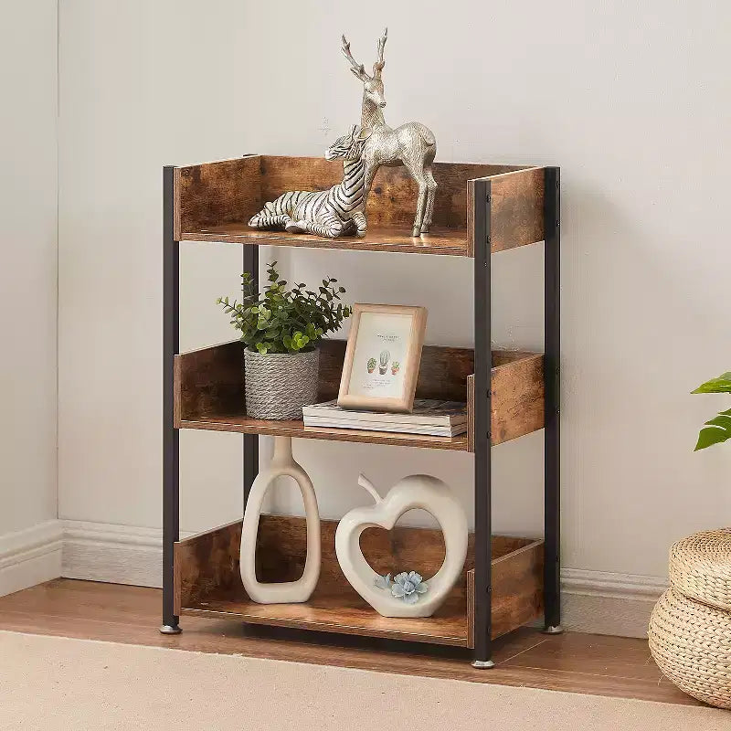 VECELO 3-Tier Small Bookshelf, Storage Organizer, Industrial Shelving Unit for Office or Living Room, Brown