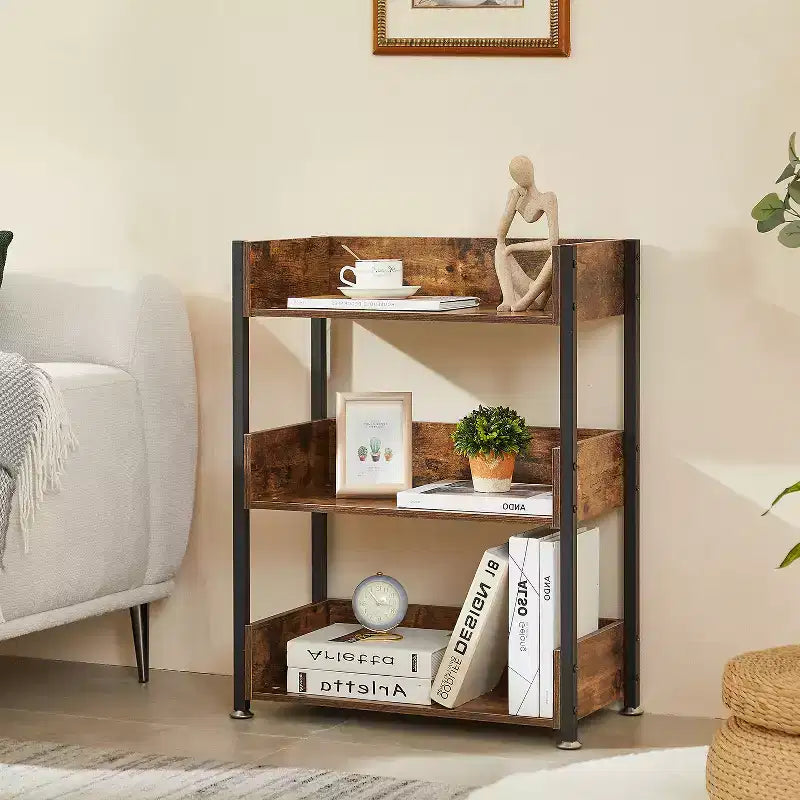 VECELO 3-Tier Small Bookshelf, Storage Organizer, Industrial Shelving Unit for Office or Living Room, Brown
